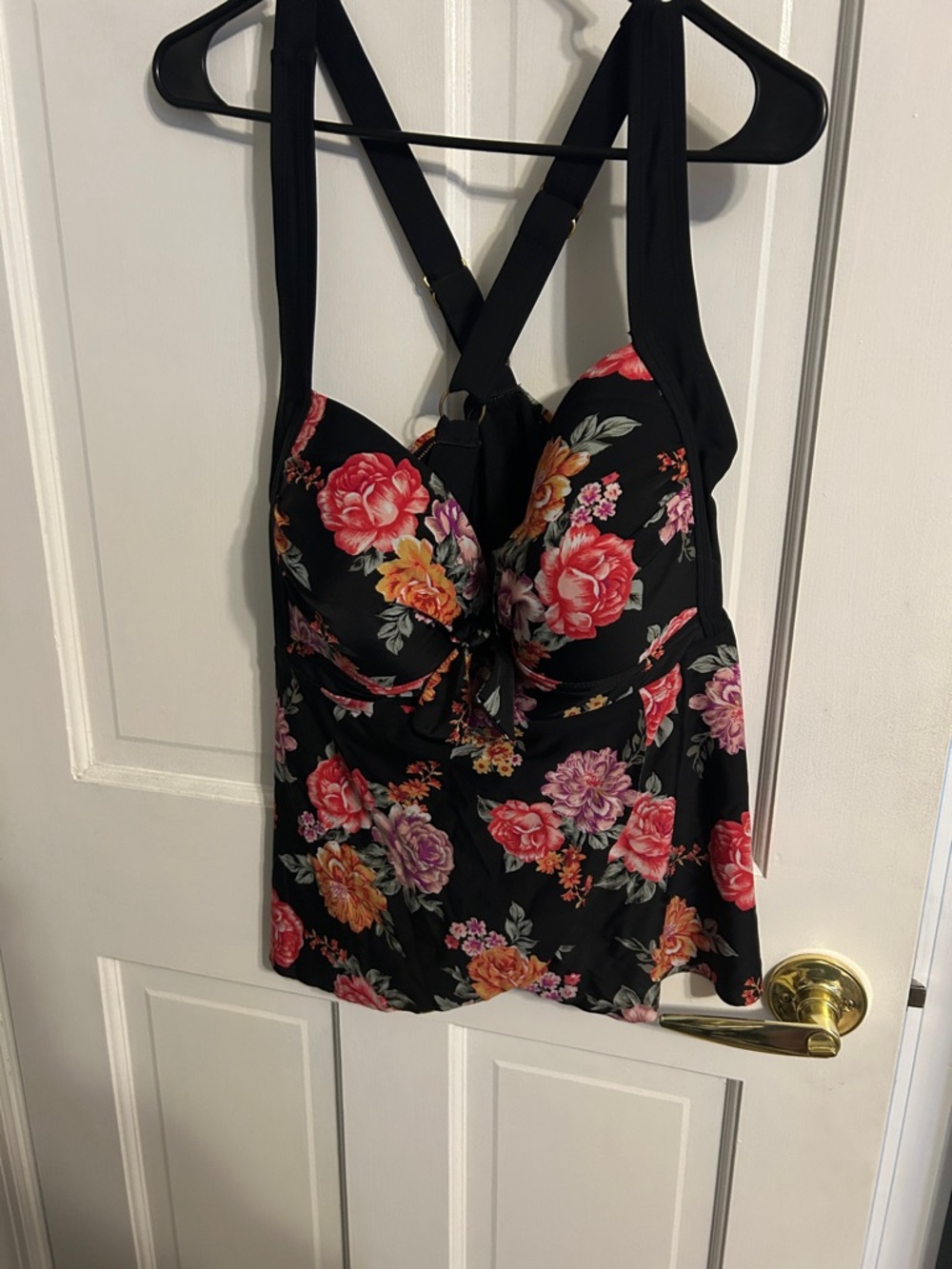 Terra & Sky Black Floral Swim Camisole with Pink and Orange Blooms